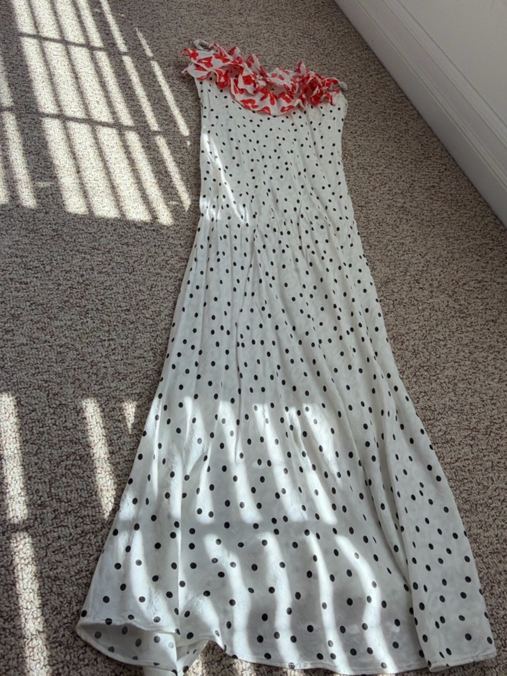 RIXO White Polka Dot Maxi Dress with Red Floral Ruffle